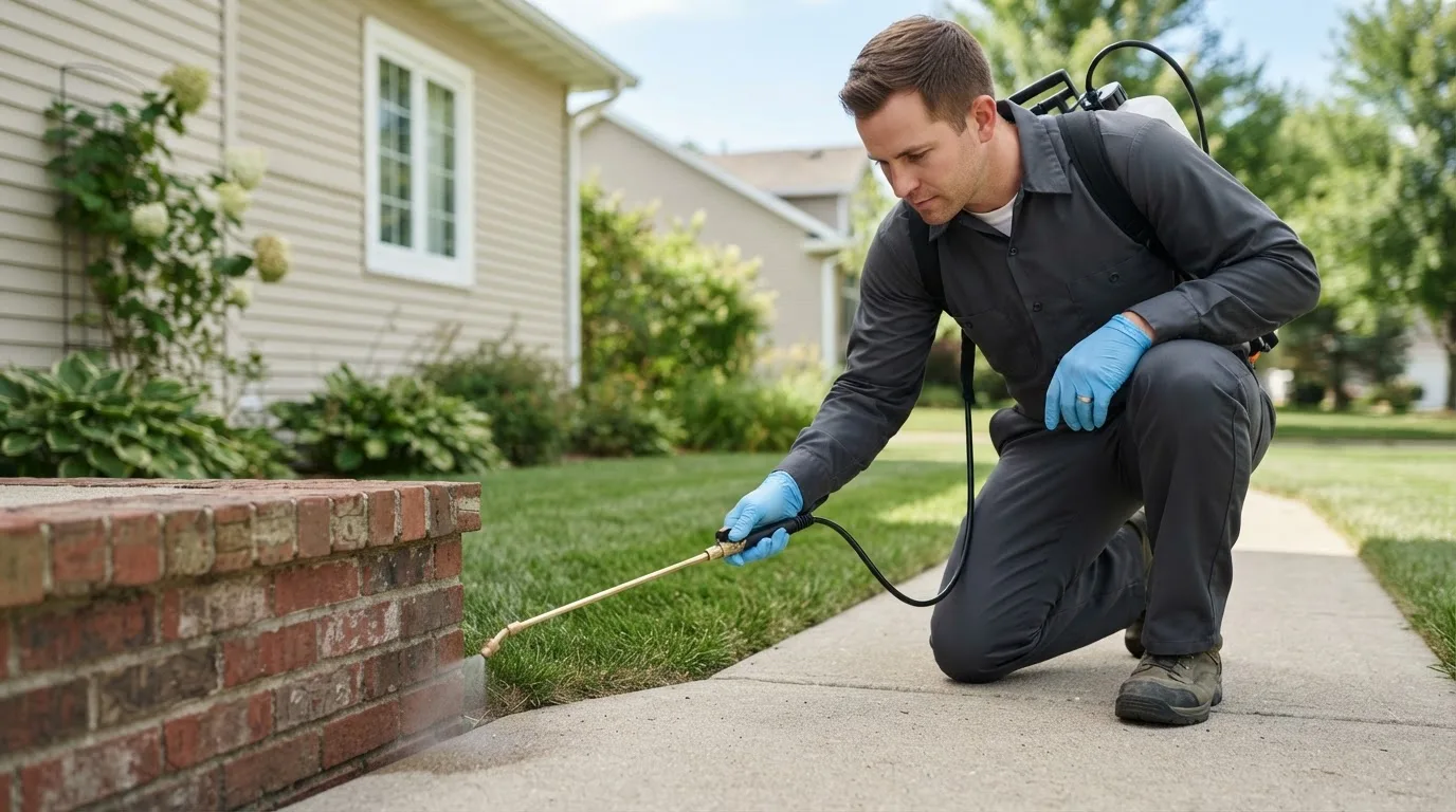 Pest control technician treating a home near Burnettsville, IN
