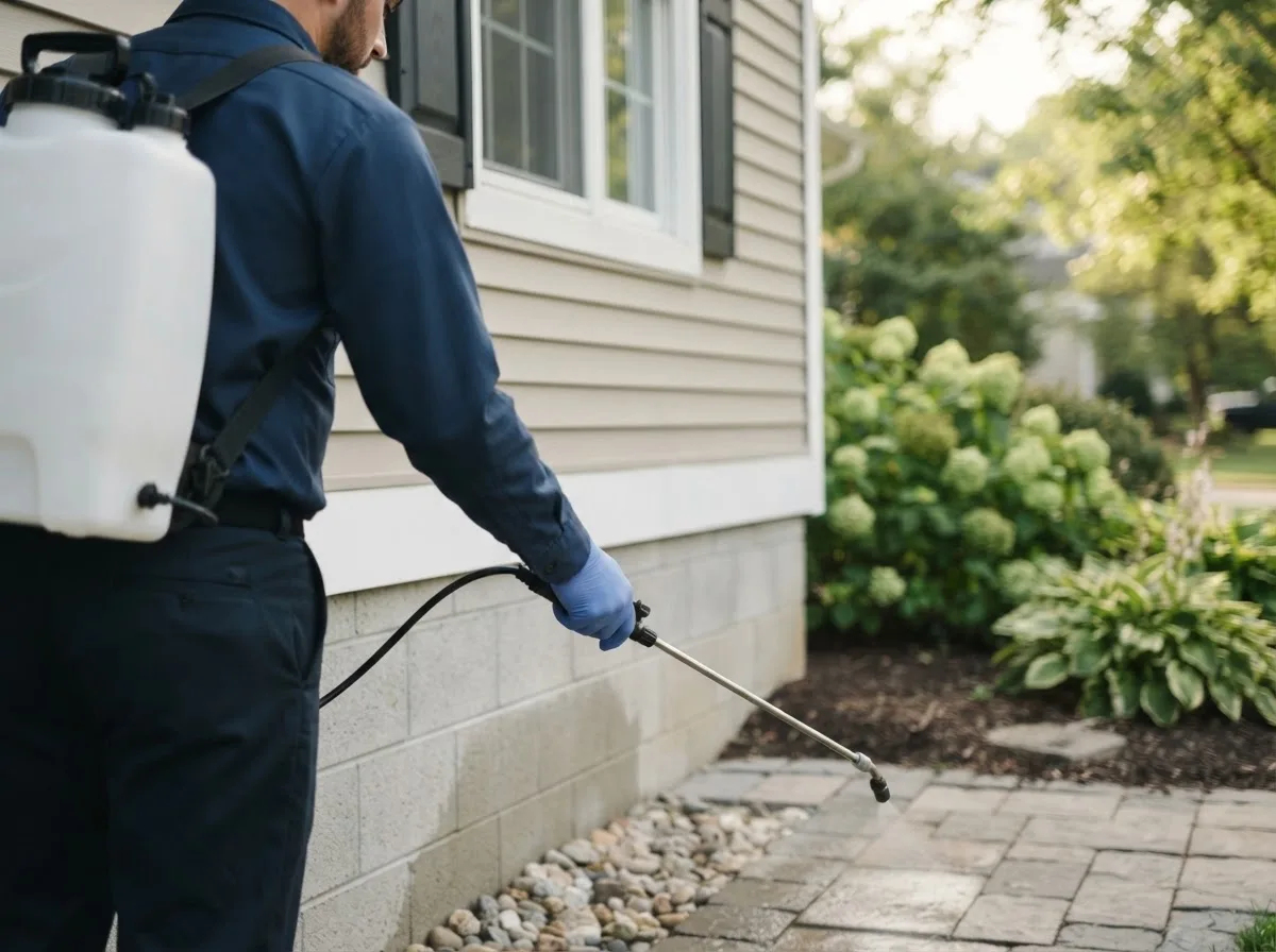 Pest control technician inspecting a home in Burnettsville, IN